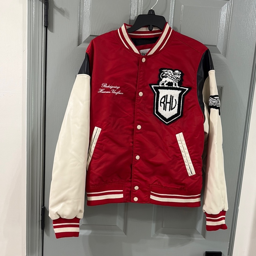 RUDE by ZARA Red and White Varsity Bomber Jacket